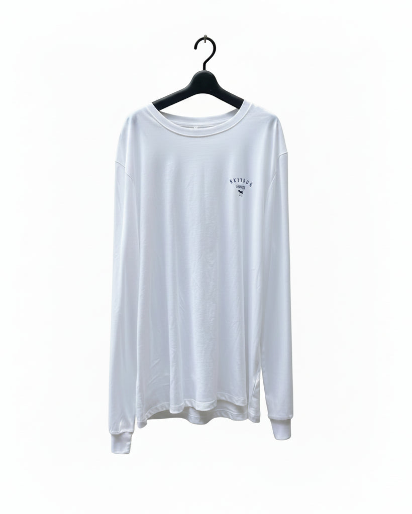 White long-sleeve shirt on a hanger against a white background