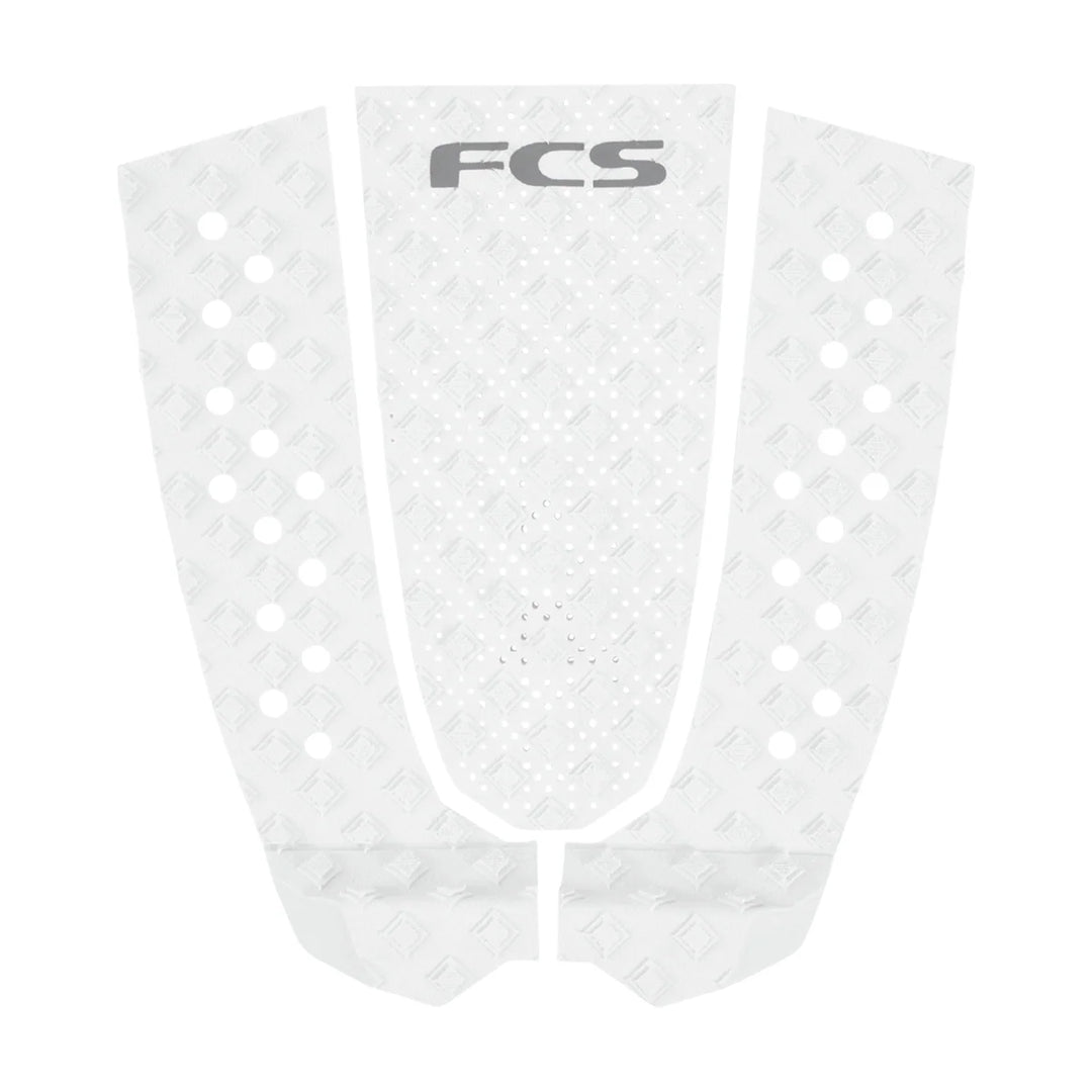 White FCS surfboard tail pad with grey FCS logo.