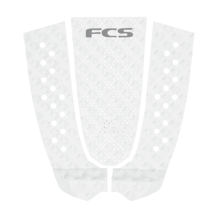 White FCS surfboard tail pad with grey FCS logo.