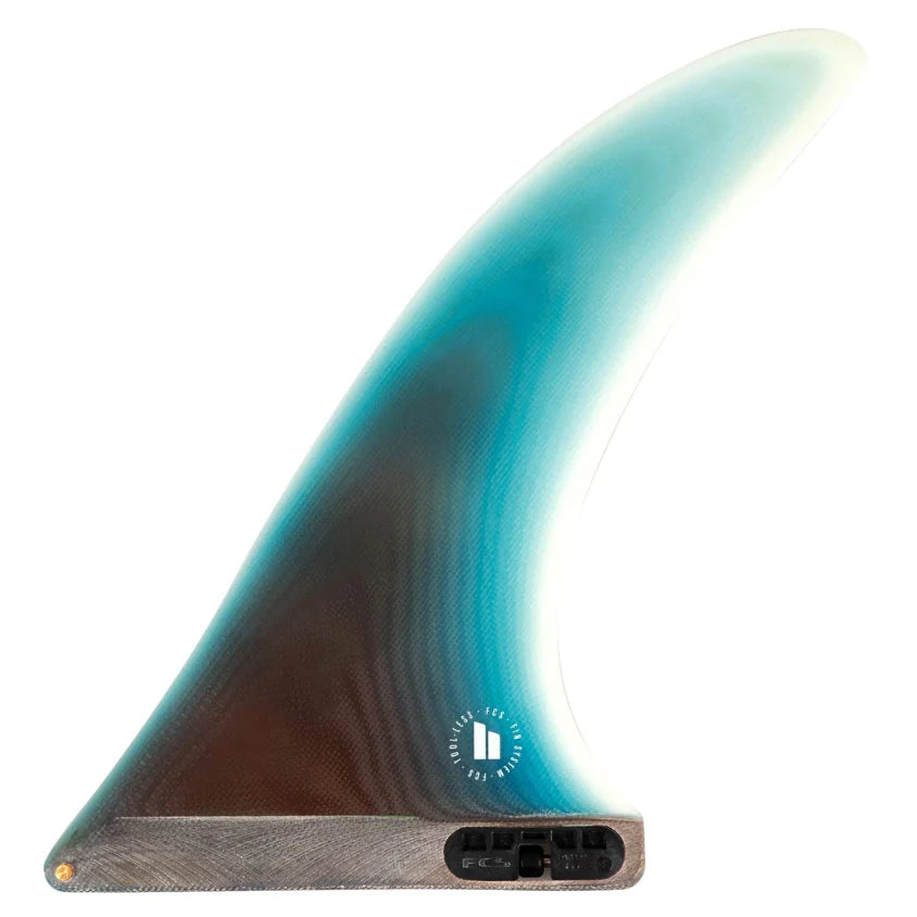 Surfboard fin with gradient color on a white background