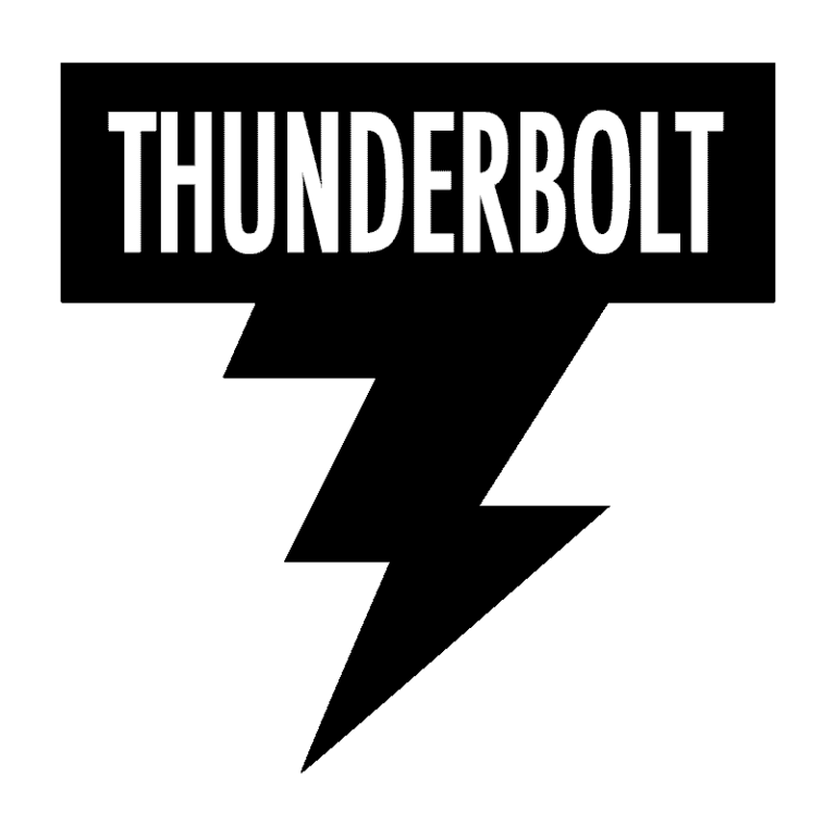 Logo with the word 'THUNDERBOLT' above a black lightning bolt on a white background