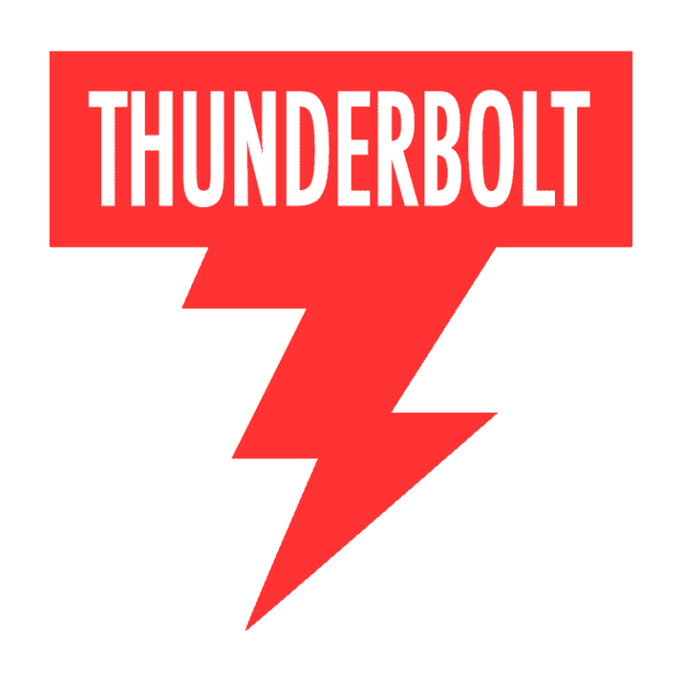 Red 'THUNDERBOLT' logo with a lightning bolt on a white background