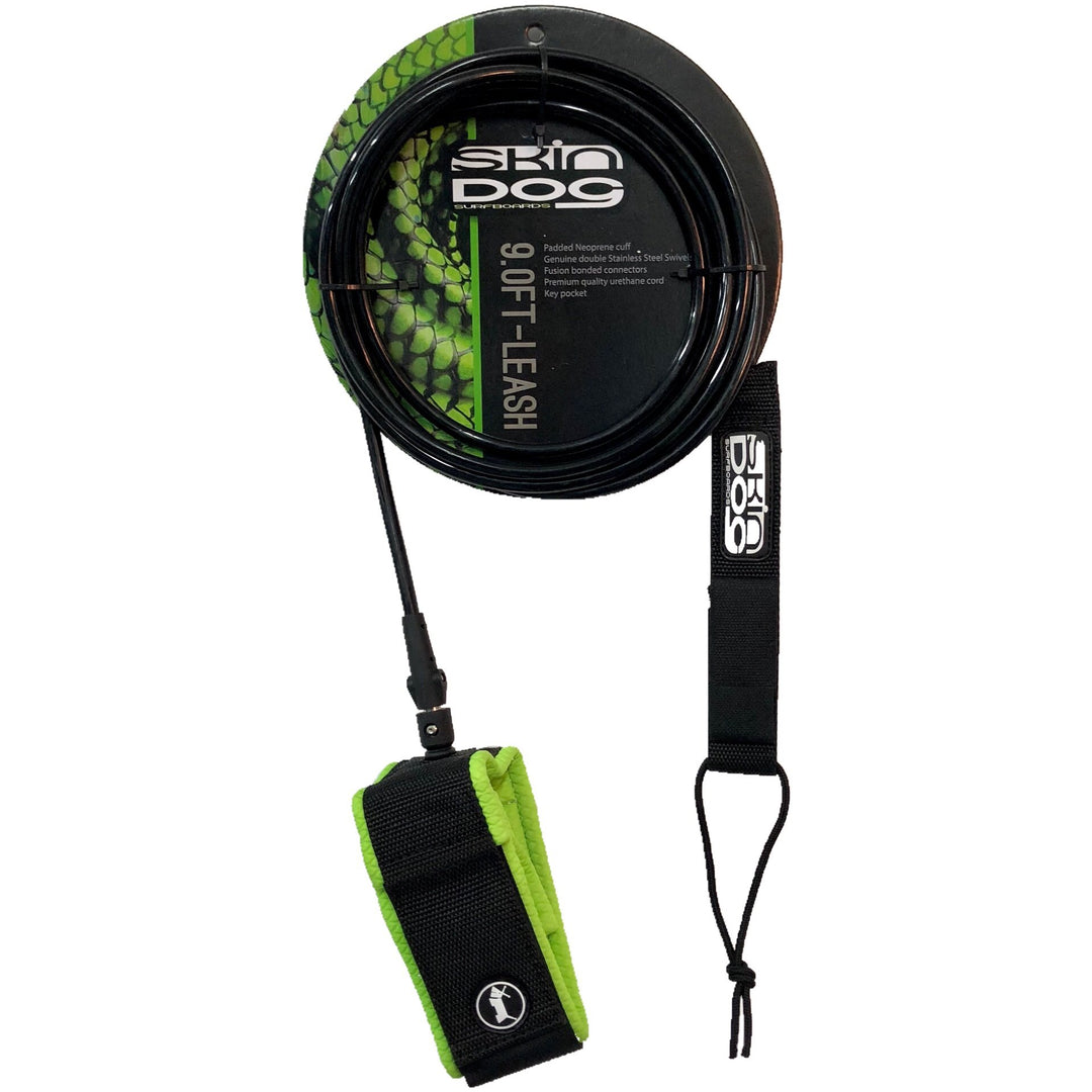 Green and black 'Skindog' branded surfboard leash on a white background.